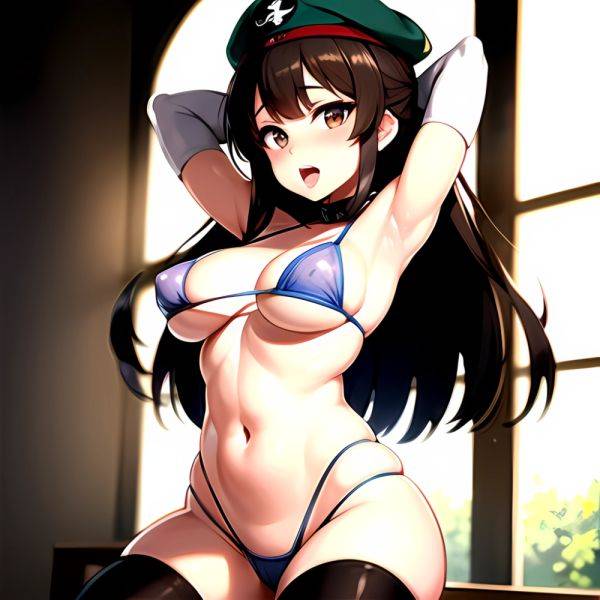 1girl Armpits Arms Behind Head Bikini Blush Breasts Brown Eyes Brown Hair Covered Erect Nipples Elbow Gloves Girls Und Panzer, 3143811547 - AIHentai - aihentai.co on pornintellect.com