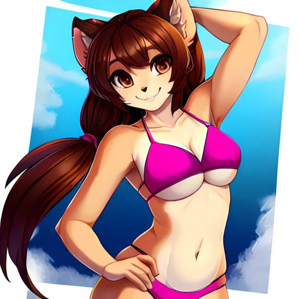 1girl Armpits Arms Behind Head Bikini Brown Eyes Brown Hair Cowboy Shot Dot Nose Flat Chest From Side Hair Ornament, 981775651 - AIHentai - aihentai.co on pornintellect.com