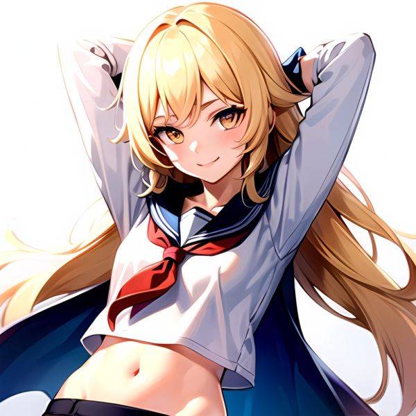 1girl Arms Up Arms Behind Head Blonde Hair Blue Skirt Bow Crop Top Crop Top Overhang Genshin Impact Gradient Background, 1449918420 - AIHentai - aihentai.co on pornintellect.com