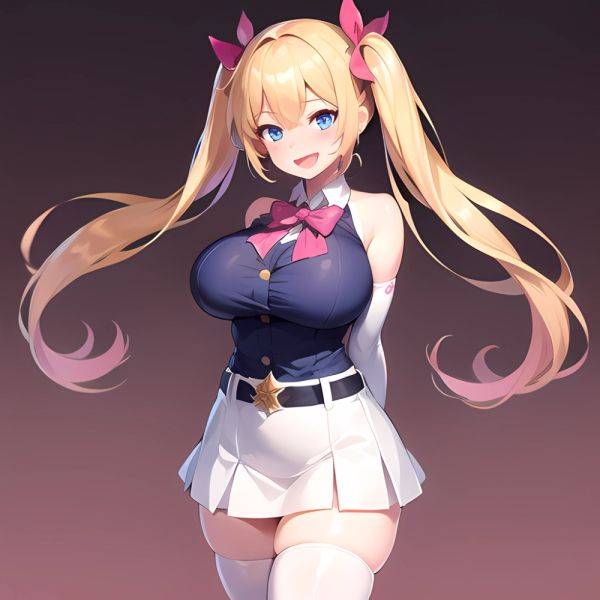 1girl Aymusk Belt White Skirt Blonde Hair Blue Eyes Blush Bow Bowtie Breasts Curvy Elbow Gloves Fang Gloves Gradient Background, 4264980727 - AIHentai - aihentai.co on pornintellect.com