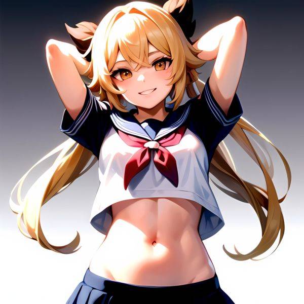 1girl Arms Up Arms Behind Head Blonde Hair Blue Skirt Bow Crop Top Crop Top Overhang Genshin Impact Gradient Background, 243086265 - AIHentai - aihentai.co on pornintellect.com