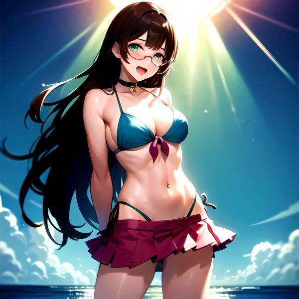 1girl D Bikini Bikini Bottom Aside Bikini Skirt Black Choker Blush Breasts Brown Hair Choker Cleavage Clothing Aside Front Tie, 740199666 - AIHentai - aihentai.co on pornintellect.com