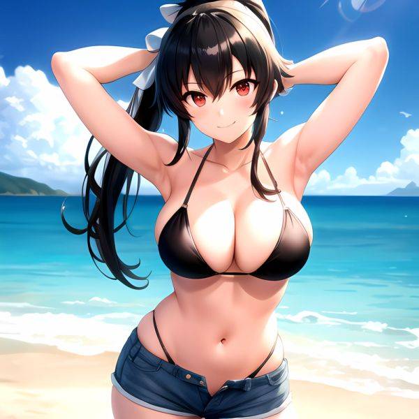 1girl Arms Behind Head Armpits Beach Bikini Bikini Under Shorts Black Bikini Black Hair Blurry Blurry Background Breasts Cleavag, 3576168837 - AIHentai - aihentai.co on pornintellect.com