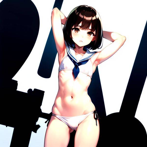 1girl Arms Up Arms Behind Head Bikini Bob Cut Brown Eyes Brown Hair Cosplay Cowboy Shot Flat Chest Headgear Inverted, 2294935230 - AIHentai - aihentai.co on pornintellect.com