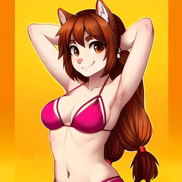 1girl Armpits Arms Behind Head Bikini Brown Eyes Brown Hair Cowboy Shot Dot Nose Flat Chest From Side Hair Ornament, 1522122933 - AIHentai - aihentai.co on pornintellect.com