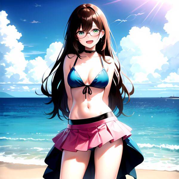 1girl D Bikini Bikini Bottom Aside Bikini Skirt Black Choker Blush Breasts Brown Hair Choker Cleavage Clothing Aside Front Tie, 2872695623 - AIHentai - aihentai.co on pornintellect.com