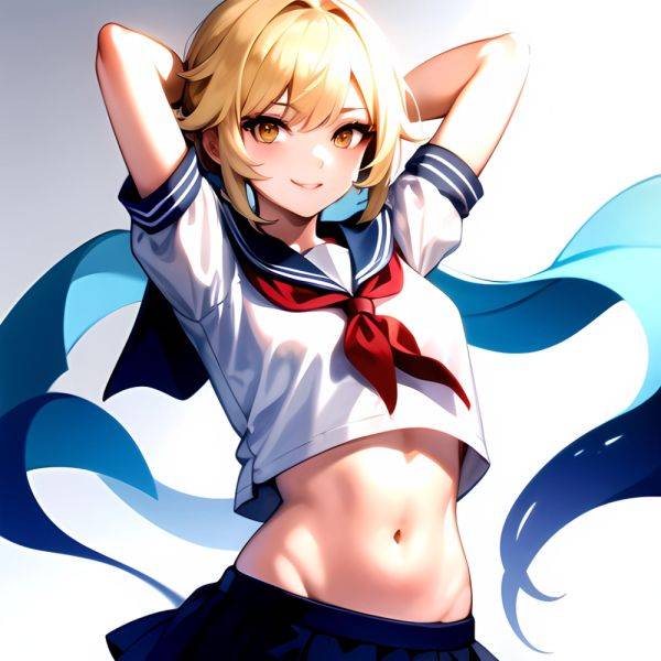 1girl Arms Up Arms Behind Head Blonde Hair Blue Skirt Bow Crop Top Crop Top Overhang Genshin Impact Gradient Background, 2634806044 - AIHentai - aihentai.co on pornintellect.com