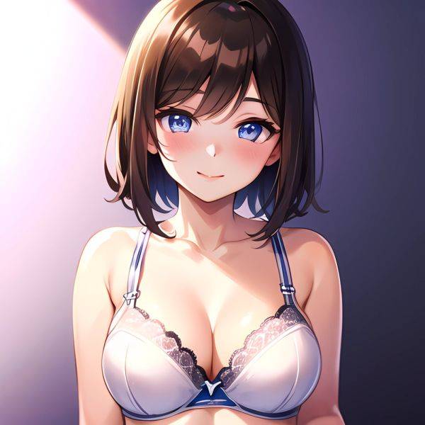 1girl Ai Generated Blue Eyes Blush Breasts Brown Hair Highres Large Breasts Light Smile Looking At Viewer Purple Background Shor, 2851048418 - AIHentai - aihentai.co on pornintellect.com