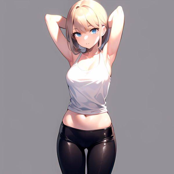 1girl Solo Tank Top Leggings Blue Eyes Standing Fully Clothed Pov Simple Background Arms Behind Head, 764588941 - AIHentai - aihentai.co on pornintellect.com