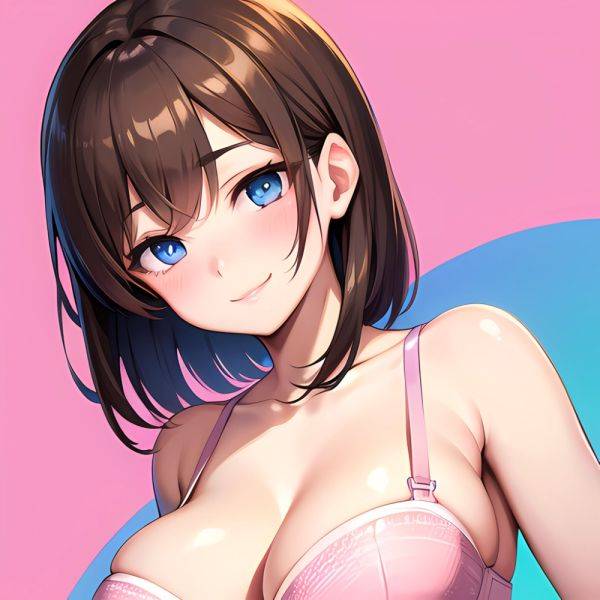 1girl Ai Generated Blue Eyes Blush Breasts Brown Hair Highres Large Breasts Light Smile Looking At Viewer Pink Background Short, 2563112673 - AIHentai - aihentai.co on pornintellect.com