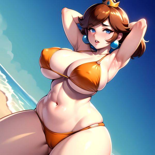 1girl Areola Slip Armpits Arms Behind Head Bikini Blue Eyes Blush Breasts Brown Hair Cleavage Huge Breasts Legs Mario Series, 4145282812 - AIHentai - aihentai.co on pornintellect.com