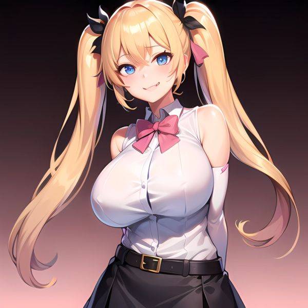 1girl Aymusk Belt Black Skirt Blonde Hair Blue Eyes Blush Bow Bowtie Breasts Curvy Elbow Gloves Fang Gloves Gradient Background, 2891768350 - AIHentai - aihentai.co on pornintellect.com