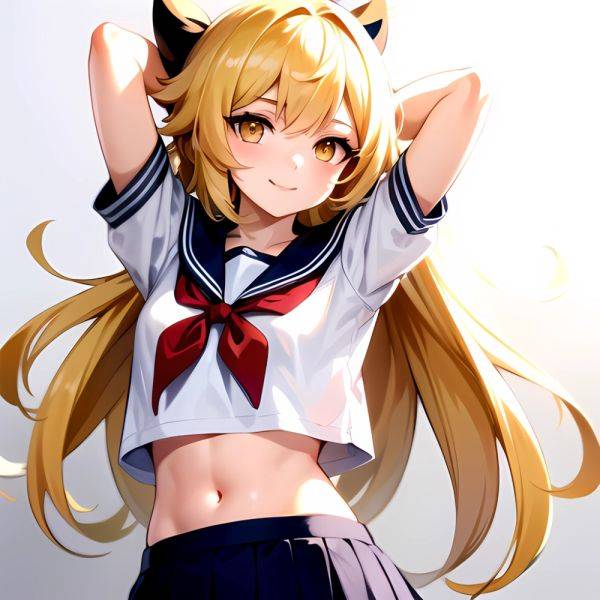 1girl Arms Up Arms Behind Head Blonde Hair Blue Skirt Bow Crop Top Crop Top Overhang Genshin Impact Gradient Background, 1553360436 - AIHentai - aihentai.co on pornintellect.com