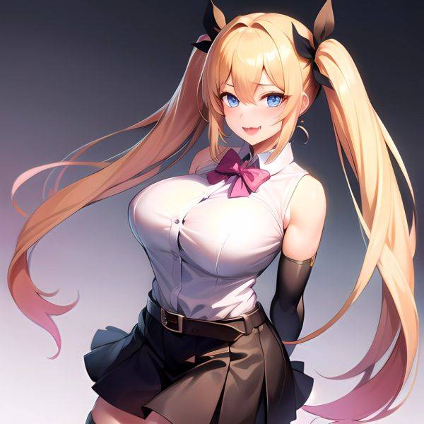 1girl Aymusk Belt Black Skirt Blonde Hair Blue Eyes Blush Bow Bowtie Breasts Curvy Elbow Gloves Fang Gloves Gradient Background, 729780536 - AIHentai - aihentai.co on pornintellect.com
