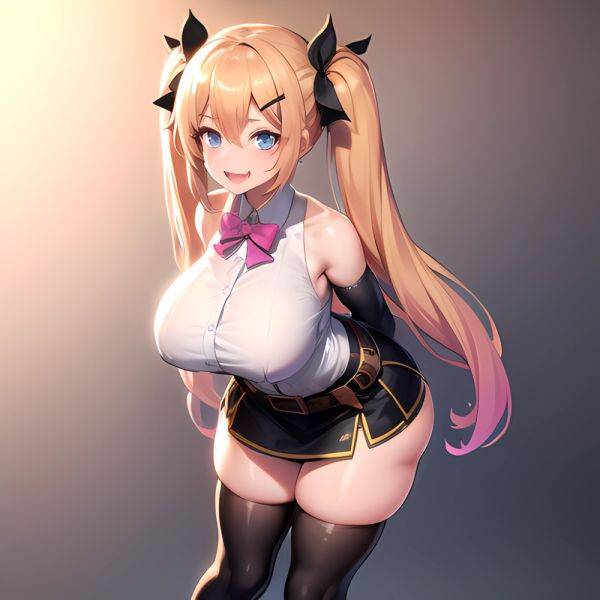 1girl Aymusk Belt Black Skirt Blonde Hair Blue Eyes Blush Bow Bowtie Breasts Curvy Elbow Gloves Fang Gloves Gradient Background, 4277812055 - AIHentai - aihentai.co on pornintellect.com