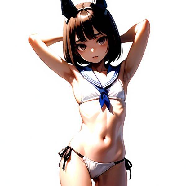 1girl Arms Up Arms Behind Head Bikini Bob Cut Brown Eyes Brown Hair Cosplay Cowboy Shot Flat Chest Headgear Inverted, 4289393542 - AIHentai - aihentai.co on pornintellect.com