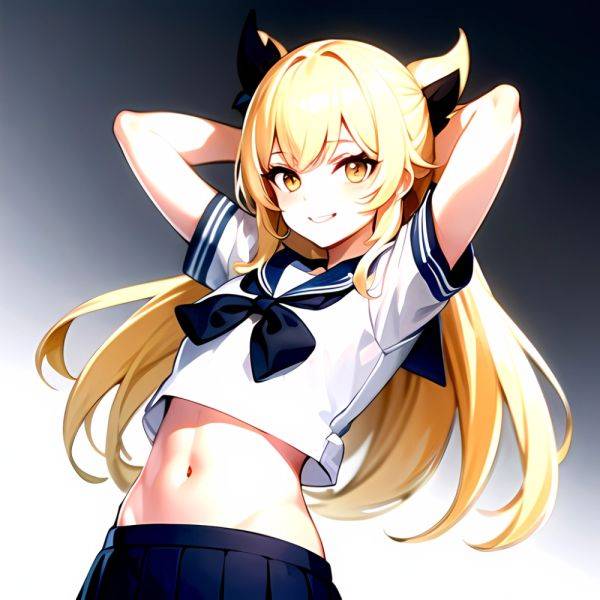 1girl Arms Up Arms Behind Head Blonde Hair Blue Skirt Bow Crop Top Crop Top Overhang Genshin Impact Gradient Background, 450366492 - AIHentai - aihentai.co on pornintellect.com