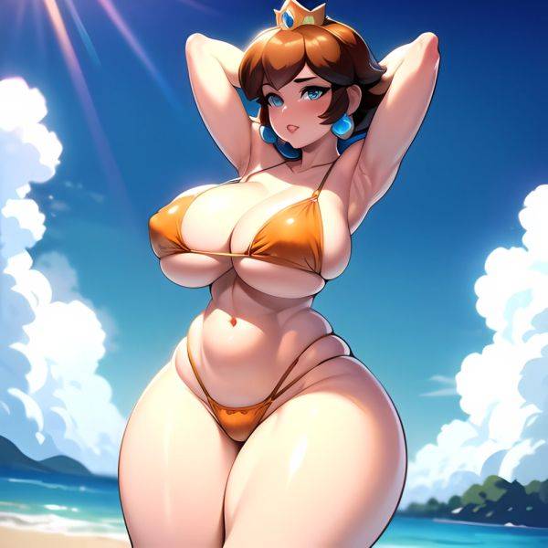 1girl Areola Slip Armpits Arms Behind Head Bikini Blue Eyes Blush Breasts Brown Hair Cleavage Huge Breasts Legs Mario Series, 3755118313 - AIHentai - aihentai.co on pornintellect.com