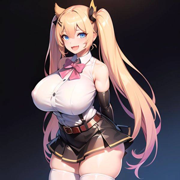 1girl Aymusk Belt Black Skirt Blonde Hair Blue Eyes Blush Bow Bowtie Breasts Curvy Elbow Gloves Fang Gloves Gradient Background, 1335509127 - AIHentai - aihentai.co on pornintellect.com