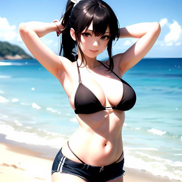 1girl Arms Behind Head Armpits Beach Bikini Bikini Under Shorts Black Bikini Black Hair Blurry Blurry Background Breasts Cleavag, 3839619500 - AIHentai - aihentai.co on pornintellect.com