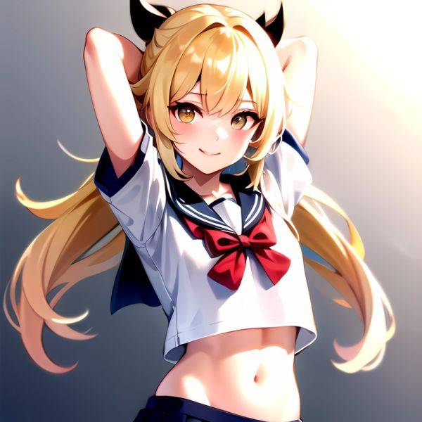 1girl Arms Up Arms Behind Head Blonde Hair Blue Skirt Bow Crop Top Crop Top Overhang Genshin Impact Gradient Background, 3555192242 - AIHentai - aihentai.co on pornintellect.com