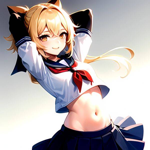 1girl Arms Up Arms Behind Head Blonde Hair Blue Skirt Bow Crop Top Crop Top Overhang Genshin Impact Gradient Background, 474893732 - AIHentai - aihentai.co on pornintellect.com