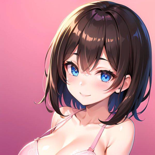 1girl Ai Generated Blue Eyes Blush Breasts Brown Hair Highres Large Breasts Light Smile Looking At Viewer Pink Background Short, 1435581926 - AIHentai - aihentai.co on pornintellect.com