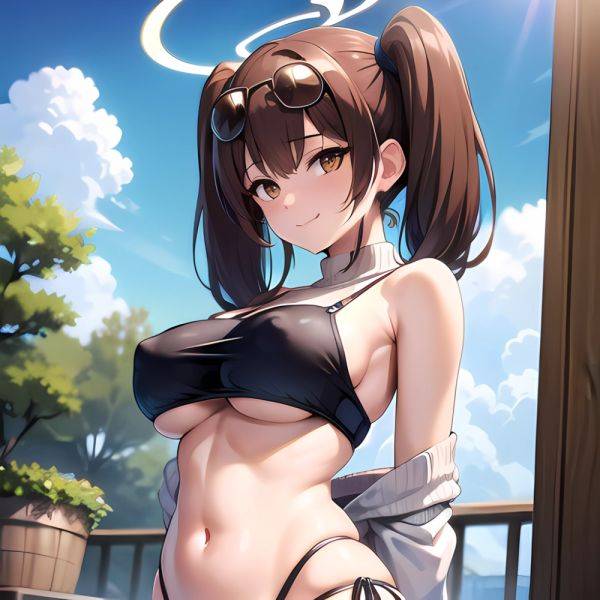 1girl Bikini Black Bikini Blue Archive Blue Sky Breasts Brown Eyes Brown Hair Closed Mouth Clothes Lift Cloud Covered Nipples, 345467886 - AIHentai - aihentai.co on pornintellect.com