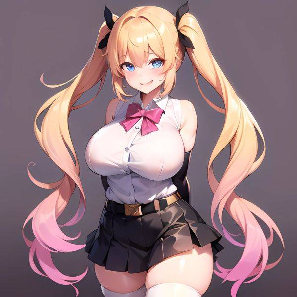 1girl Aymusk Belt Black Skirt Blonde Hair Blue Eyes Blush Bow Bowtie Breasts Curvy Elbow Gloves Fang Gloves Gradient Background, 3120359621 - AIHentai - aihentai.co on pornintellect.com