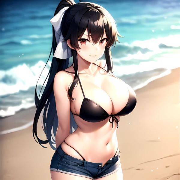 1girl Arms Behind Back Beach Bikini Bikini Under Shorts Black Bikini Black Hair Blurry Blurry Background Breasts Cleavage Closed, 3671886234 - AIHentai - aihentai.co on pornintellect.com