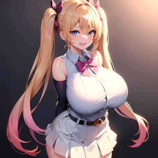 1girl Aymusk Belt White Skirt Blonde Hair Blue Eyes Blush Bow Bowtie Breasts Curvy Elbow Gloves Fang Gloves Gradient Background, 4205373178 - AIHentai - aihentai.co on pornintellect.com