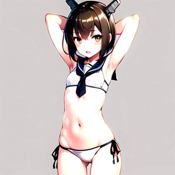 1girl Arms Up Arms Behind Head Bikini Bob Cut Brown Eyes Brown Hair Commentary Request Cosplay Cowboy Shot Flat Chest, 1170985969 - AIHentai - aihentai.co on pornintellect.com