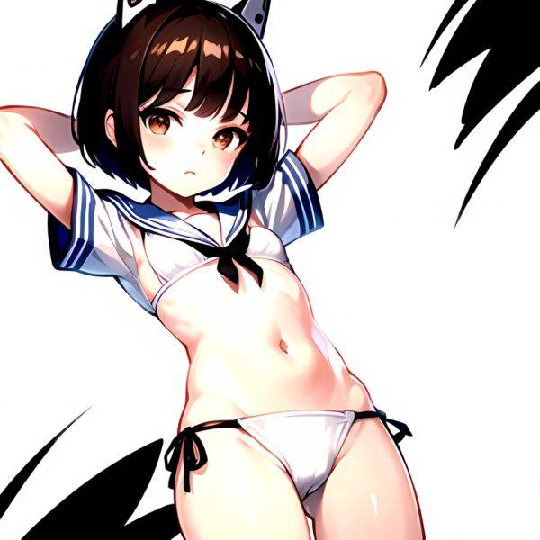 1girl Arms Up Arms Behind Head Bikini Bob Cut Brown Eyes Brown Hair Cosplay Cowboy Shot Flat Chest Headgear Inverted, 2810604076 - AIHentai - aihentai.co on pornintellect.com