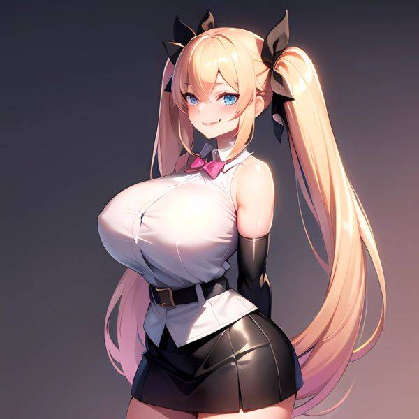 1girl Aymusk Belt Black Skirt Blonde Hair Blue Eyes Blush Bow Bowtie Breasts Curvy Elbow Gloves Fang Gloves Gradient Background, 2124206855 - AIHentai - aihentai.co on pornintellect.com