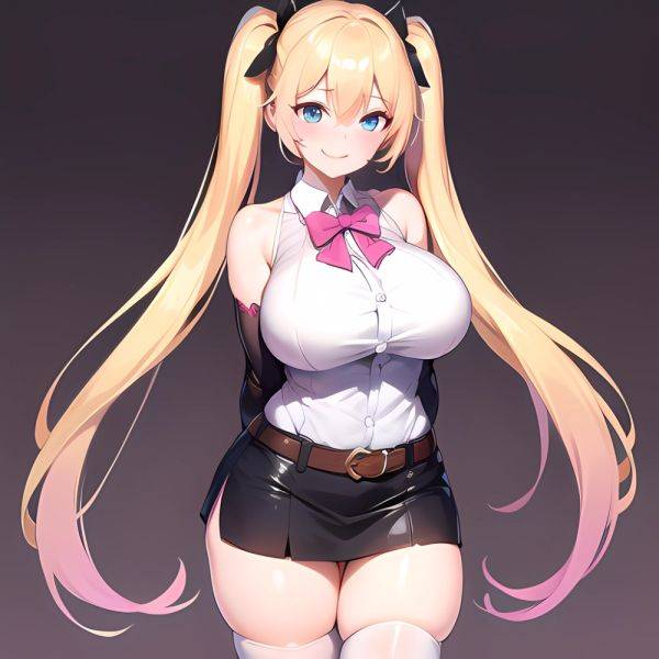 1girl Aymusk Belt Black Skirt Blonde Hair Blue Eyes Blush Bow Bowtie Breasts Curvy Elbow Gloves Fang Gloves Gradient Background, 4273673977 - AIHentai - aihentai.co on pornintellect.com