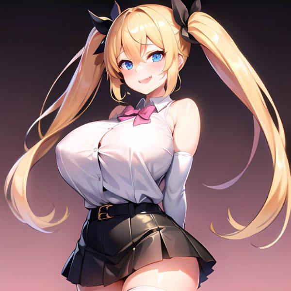 1girl Aymusk Belt Black Skirt Blonde Hair Blue Eyes Blush Bow Bowtie Breasts Curvy Elbow Gloves Fang Gloves Gradient Background, 1164615202 - AIHentai - aihentai.co on pornintellect.com