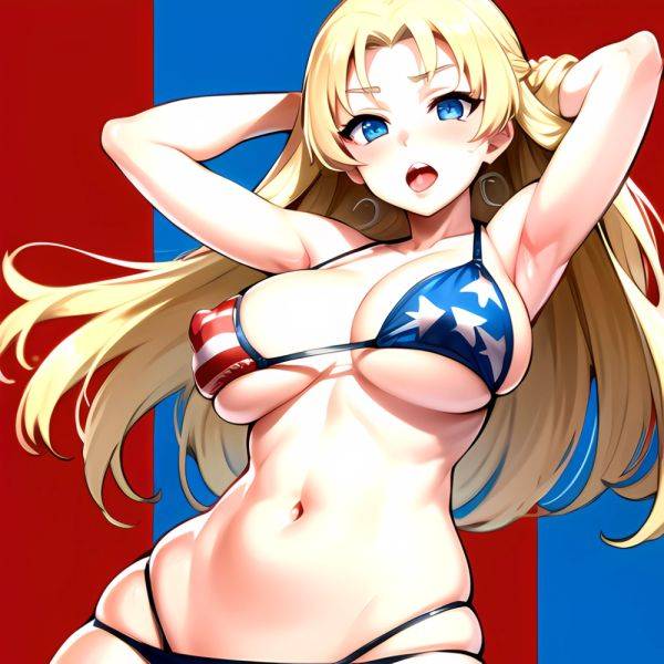 1girl American Flag Bikini Armpits Arms Behind Head Bikini Blonde Hair Blue Eyes Blush Breasts Covered Erect Nipples Flag Print, 1101396145 - AIHentai - aihentai.co - Usa on pornintellect.com
