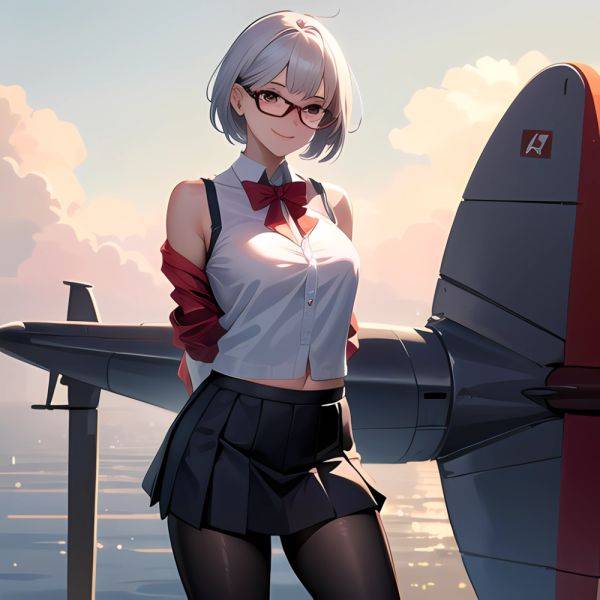 1girl Aircraft Bird Breasts Cloud Cloudy Sky Cowboy Shot Curtsey Dark Skinned Female Dark Skin Day Flashing Glasses Looking At, 728862763 - AIHentai - aihentai.co on pornintellect.com