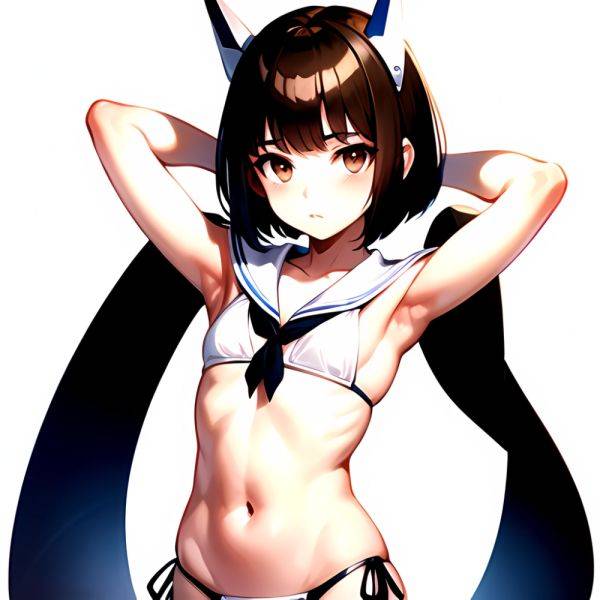 1girl Arms Up Arms Behind Head Bikini Bob Cut Brown Eyes Brown Hair Cosplay Cowboy Shot Flat Chest Headgear Inverted, 342288987 - AIHentai - aihentai.co on pornintellect.com