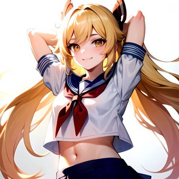 1girl Arms Up Arms Behind Head Blonde Hair Blue Skirt Bow Crop Top Crop Top Overhang Genshin Impact Gradient Background, 3835874210 - AIHentai - aihentai.co on pornintellect.com