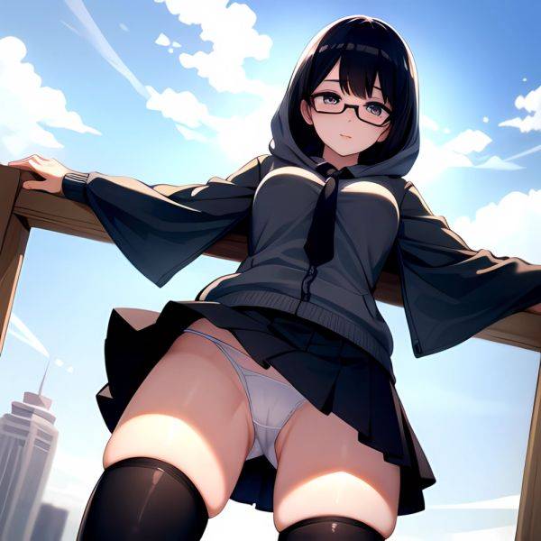 1girl Black Hair Black Necktie Black Thighhighs Breasts Cameltoe From Below Glasses Grey Eyes Grey Hoodie Highres Hood Hoodie Me, 1985432703 - AIHentai - aihentai.co on pornintellect.com