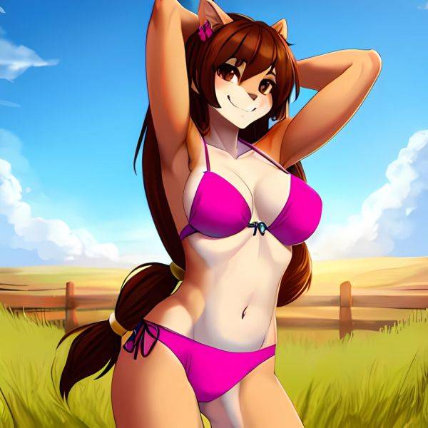 1girl Armpits Arms Behind Head Bikini Brown Eyes Brown Hair Cowboy Shot Dot Nose Flat Chest From Side Hair Ornament, 2287785038 - AIHentai - aihentai.co on pornintellect.com