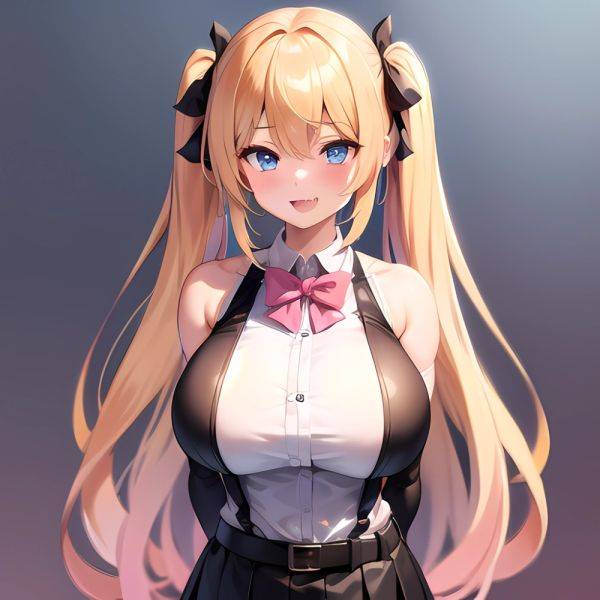 1girl Aymusk Belt Black Skirt Blonde Hair Blue Eyes Blush Bow Bowtie Breasts Curvy Elbow Gloves Fang Gloves Gradient Background, 3915304068 - AIHentai - aihentai.co on pornintellect.com