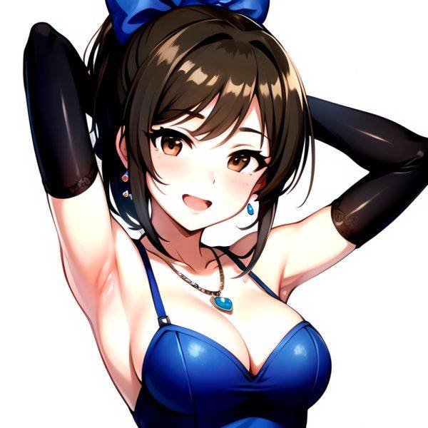 1girl Absurdres Armpits Arms Up Ayase Honoka Black Gloves Blue Bow Blue Dress Blush Bow Breasts Brown Eyes Brown Hair, 880670583 - AIHentai - aihentai.co on pornintellect.com