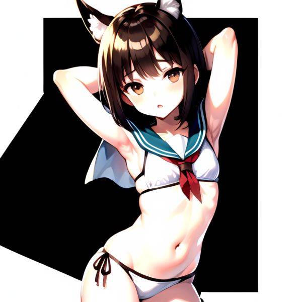 1girl Arms Up Arms Behind Head Bikini Bob Cut Brown Eyes Brown Hair Commentary Request Cosplay Cowboy Shot Flat Chest, 337167829 - AIHentai - aihentai.co on pornintellect.com