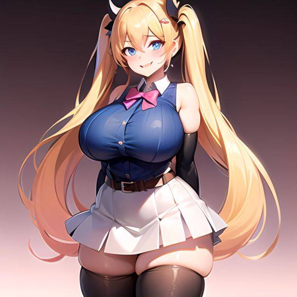 1girl Aymusk Belt White Skirt Blonde Hair Blue Eyes Blush Bow Bowtie Breasts Curvy Elbow Gloves Fang Gloves Gradient Background, 3937355141 - AIHentai - aihentai.co on pornintellect.com