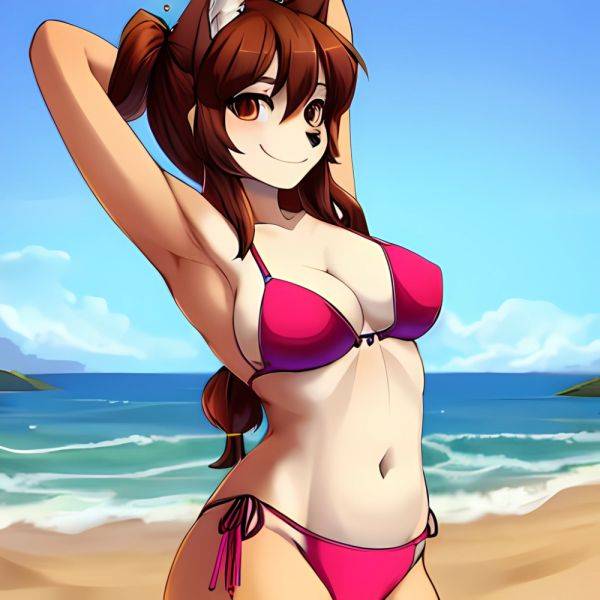 1girl Armpits Arms Behind Head Bikini Brown Eyes Brown Hair Cowboy Shot Dot Nose Flat Chest From Side Hair Ornament, 2754649017 - AIHentai - aihentai.co on pornintellect.com