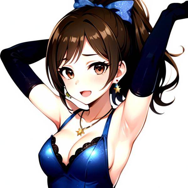 1girl Absurdres Armpits Arms Up Ayase Honoka Black Gloves Blue Bow Blue Dress Blush Bow Breasts Brown Eyes Brown Hair, 3328602324 - AIHentai - aihentai.co on pornintellect.com