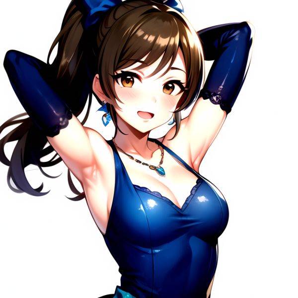 1girl Absurdres Armpits Arms Up Ayase Honoka Black Gloves Blue Bow Blue Dress Blush Bow Breasts Brown Eyes Brown Hair, 1814026129 - AIHentai - aihentai.co on pornintellect.com