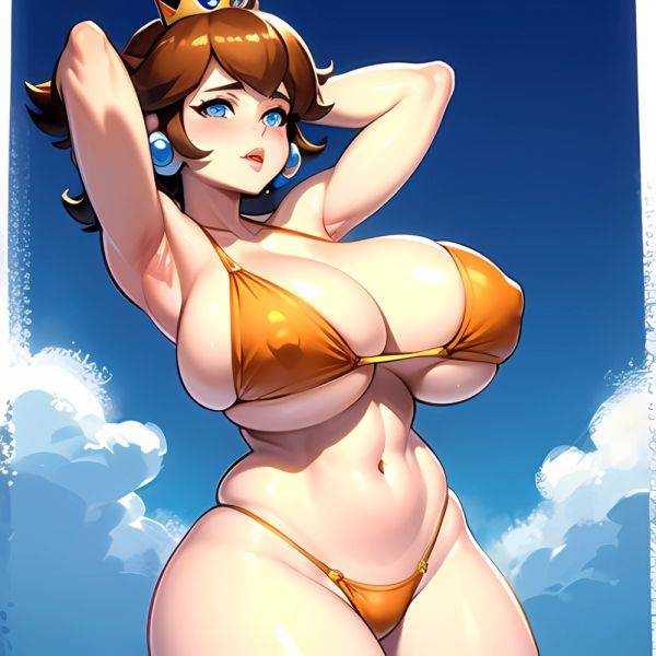 1girl Areola Slip Armpits Arms Behind Head Bikini Blue Eyes Blush Breasts Brown Hair Cleavage Huge Breasts Legs Mario Series, 2157368641 - AIHentai - aihentai.co on pornintellect.com